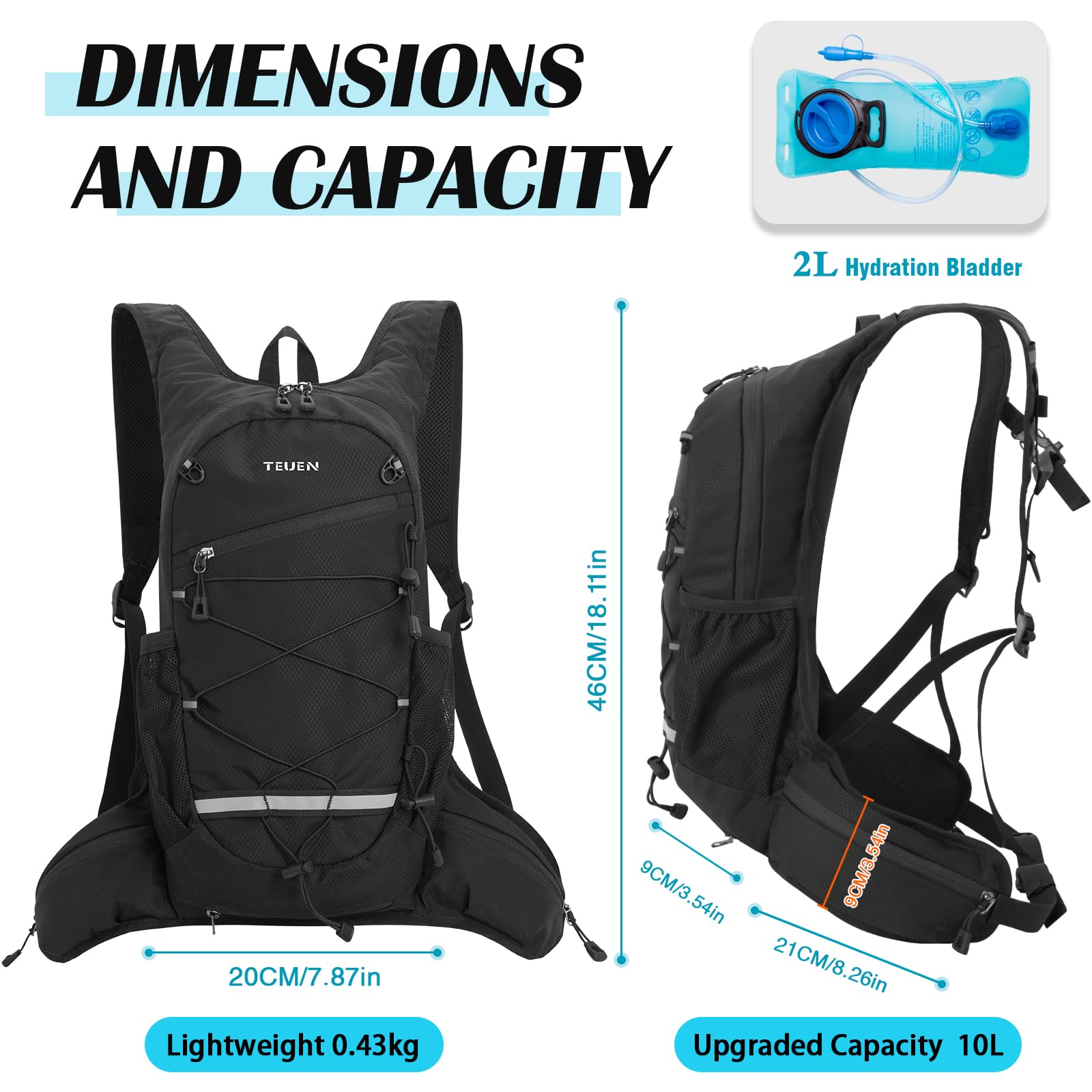 TEUEN Sac à Dos VTT Grande Capacité 10L, Équipé Sac Hydratation (Poche à Eau 2L Reservoir) Sac de Vélo Alpinisme Montagne Sport Course Camping, Sac Trail Running pour Marathon Randonnée