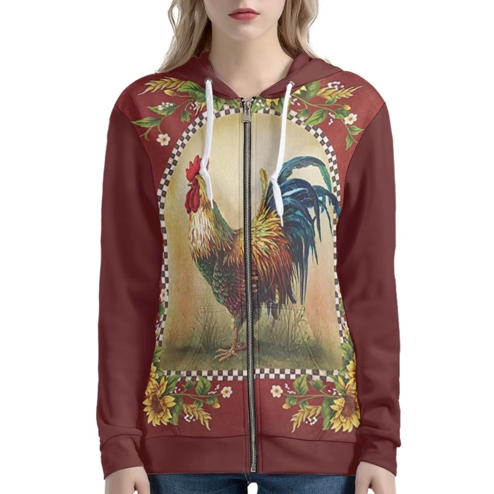 HUIACONG Damska bluza z kapturem zapinana na zamek błyskawiczny dla nastolatek sweter XS-5XL rozmiar, Słonecznik kogut czerwony, 4XL
