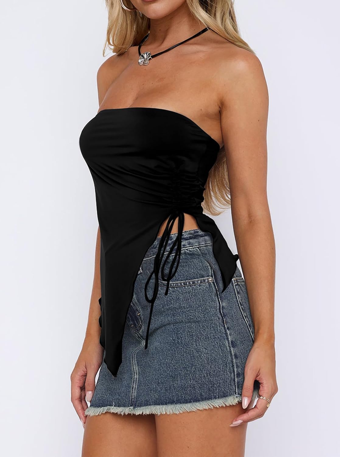 CSDAJIO Women's Drawstring Ruched Side Asymmetrical Hem Tube Top Strapless Crop Top Going Out Shirt - Image 3