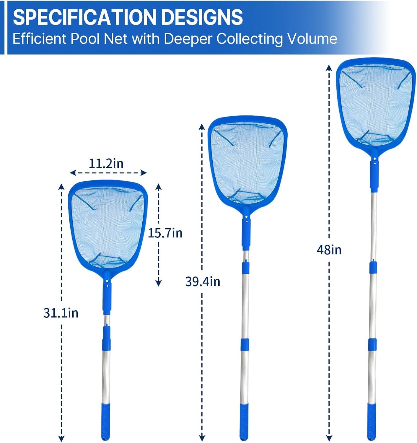 Pool Skimmer Net Pool Leaf Rake Net with Fine Mesh Net Poles | Detachable Aluminum Pole, Plastic Frame, Curved Edge, Ultra-fine Mesh, for Ponds, Fish Tank, Hot Tub