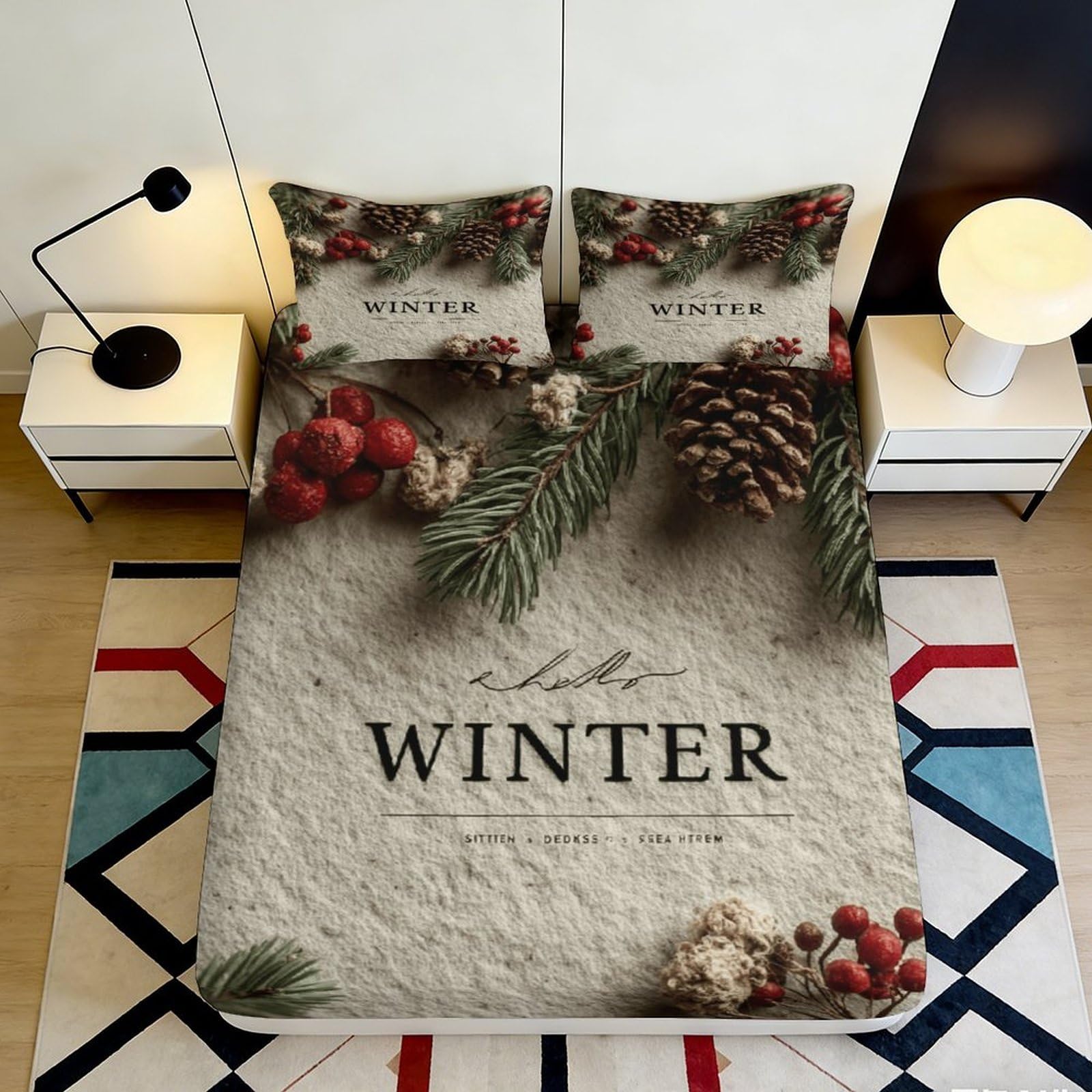 3D Printed Winter Pinecone Fitted Sheet Microfiber Elastic Hem Deep Pocket Winter Mattress Fitted Cover Washable Bedding Protection 200x200x25cm