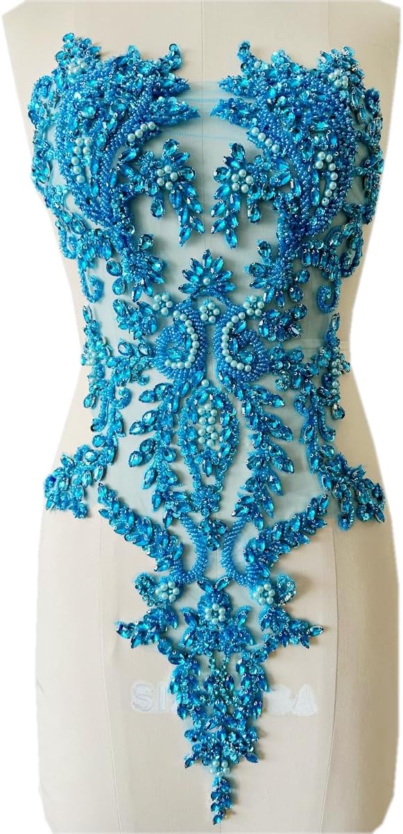 Handmade Shiny Rhinestones Applique handsewing Beaded Sequins Crystal on lace Trim Patches for Prom Dress Clothing Decorative Accessories (Sky Blue)