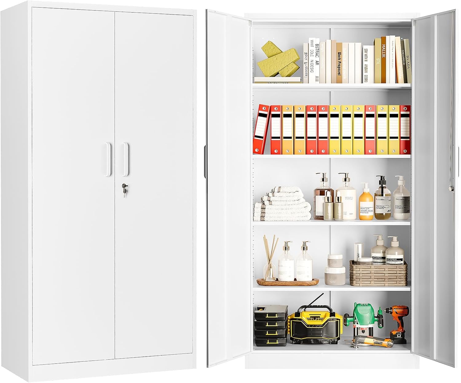 Sightlife Metal Filing Cabinet White Metal Storage Cabinet Lockable Cabinet 4 Adjustable Shelves Steel Garage Storage Systems Tall Locker Organizer for Home Office 170X78X39cm