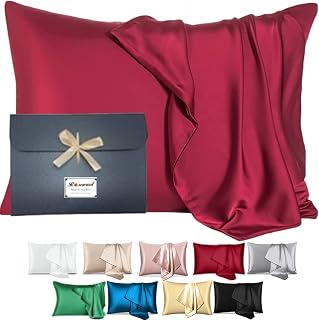 Natural Mulberry Silk Pillowcase for Hair and Skin Made in USA, Organic 22 Momme Red Silk Pillow Cases with Zipper, Anti Acne, Anti Aging, Hypoallergenic, Soft (Red, Standard)