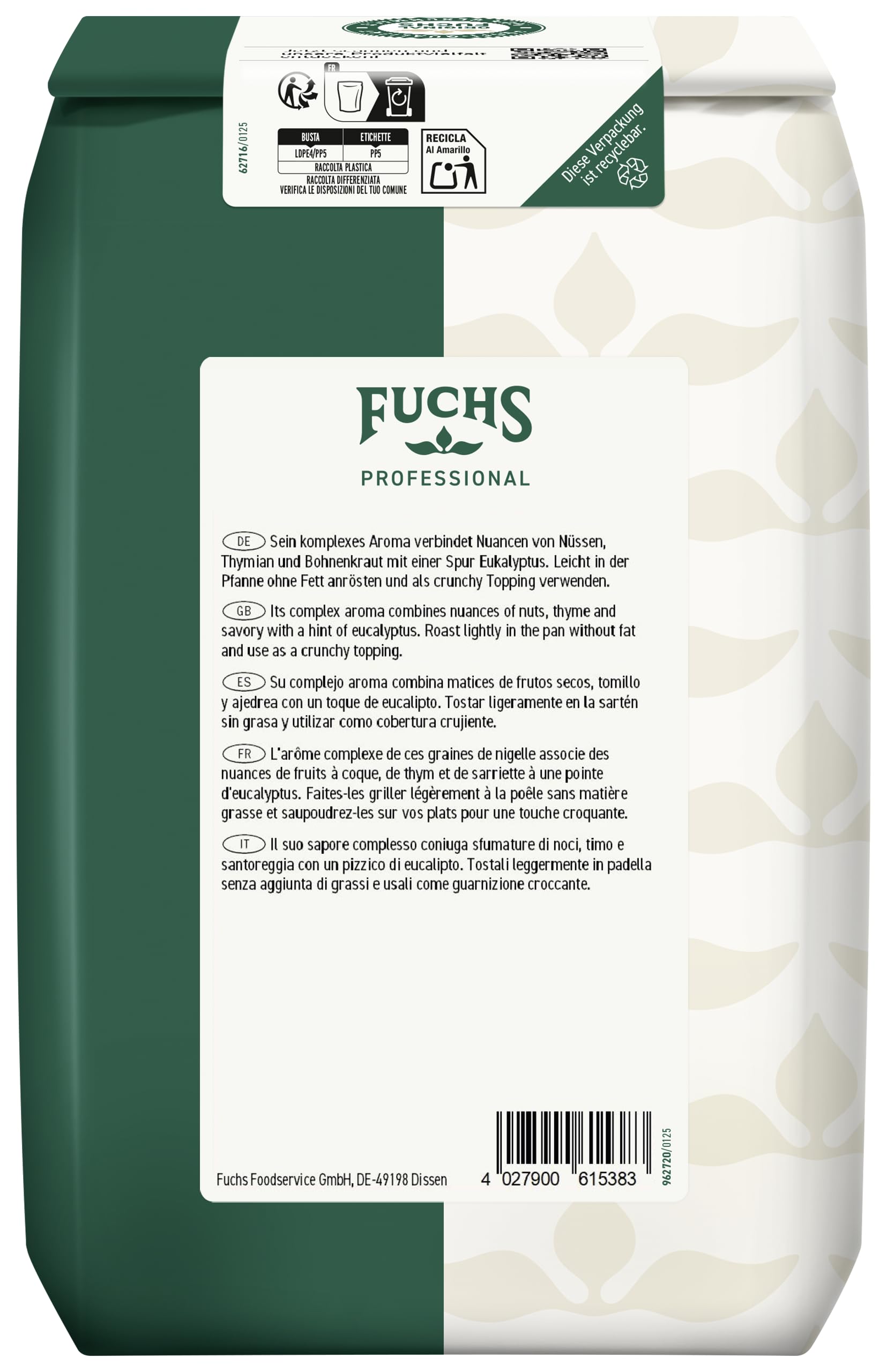 Fuchs Professional - comino negro | 0,8 kg en bolsa reciclable | Como aderezo, ideal para verduras, curry o pan | Calidad profesional para consumidores a granel
