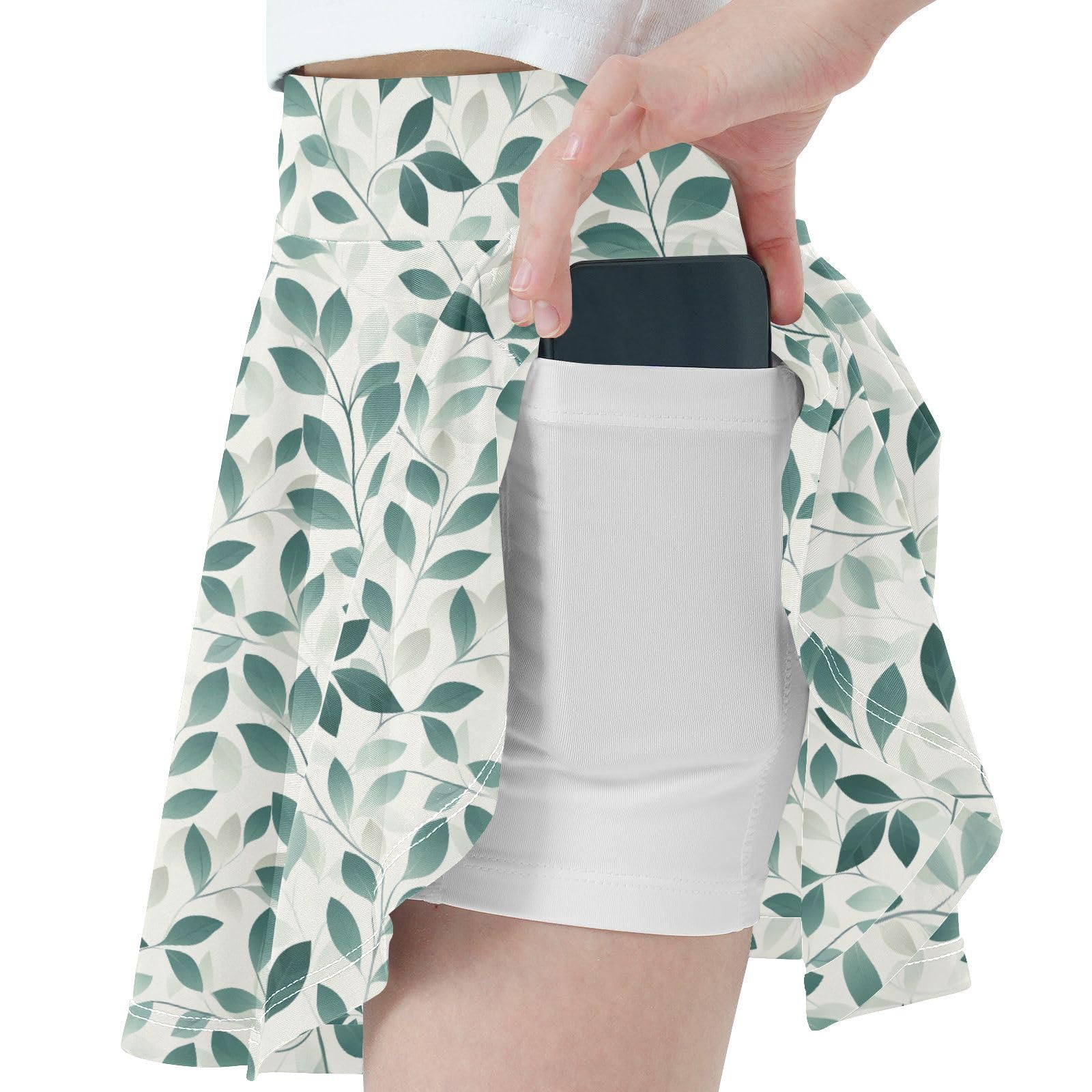 Beige Leaf Tennis Skirt for Girls with Built-in Shorts Little Girl Pleated Skirt with Pockets Flowy Girl Skorts