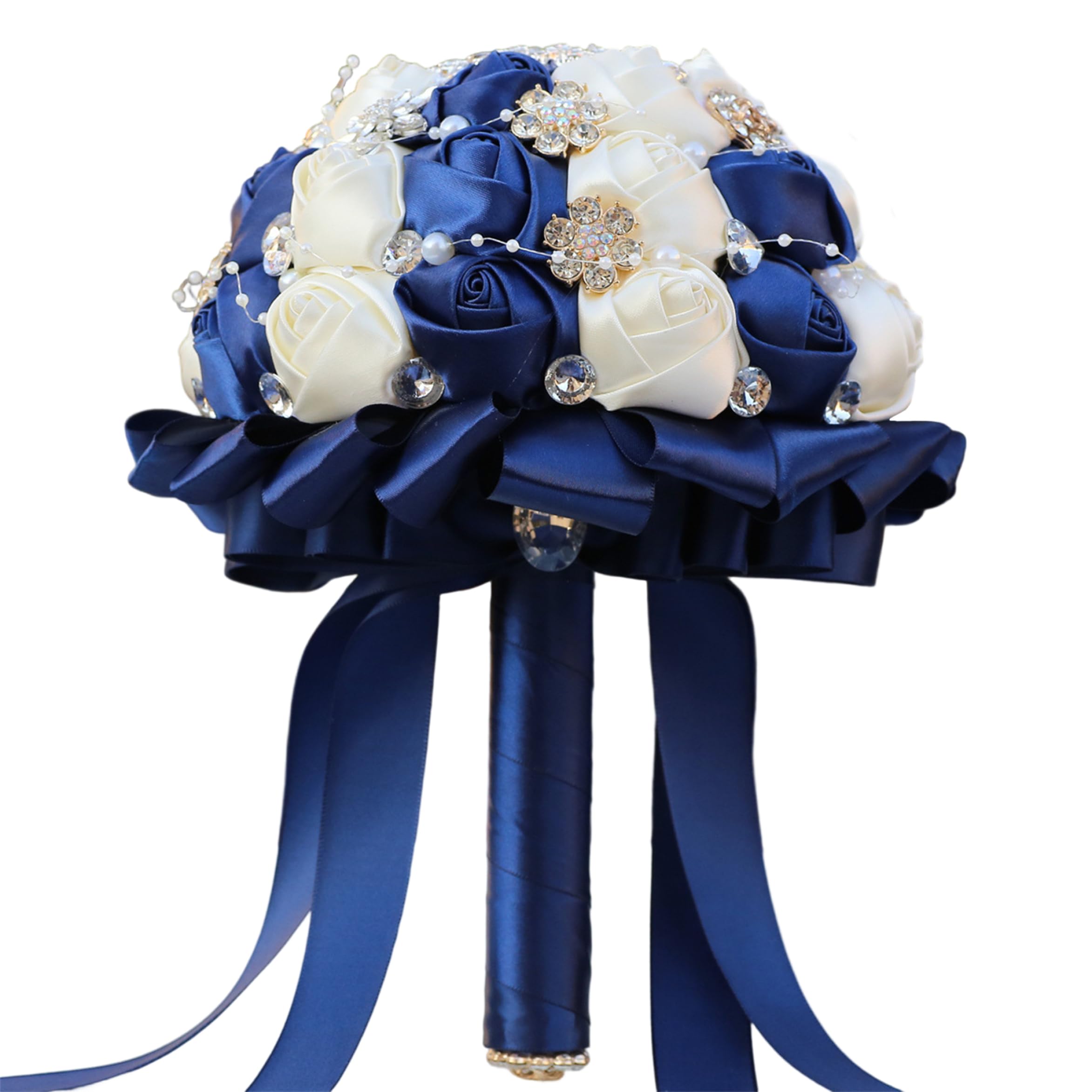 Neptuiby Bridal Bouquet Exquisite Satin Rose Wedding Bouquet with Rhinestones & Pearls for Bride, Bridesmaid (8x10 Inch).