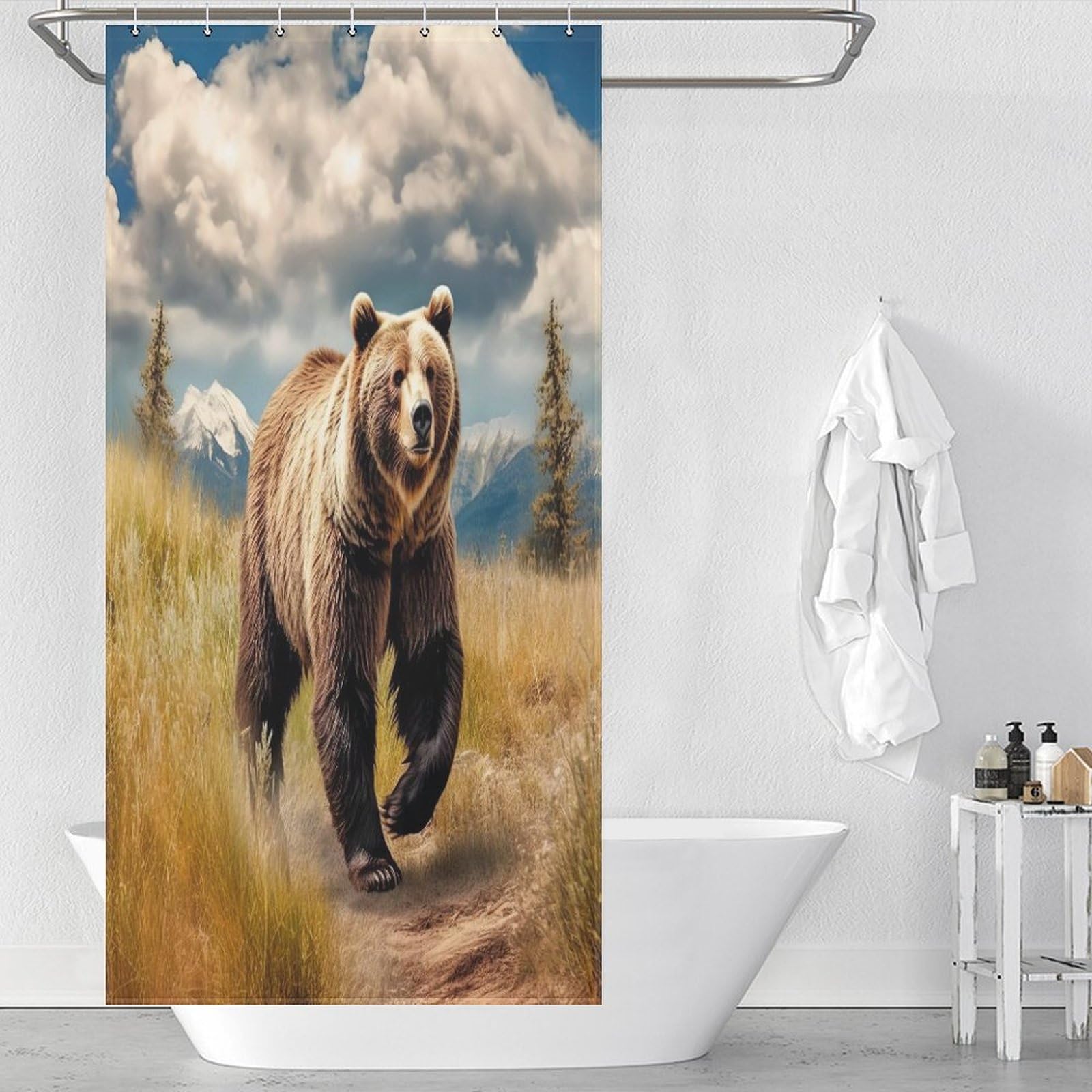 Rideau de douche tissu lavable ours idéal pour la baignoire d'une salle de bain familiale