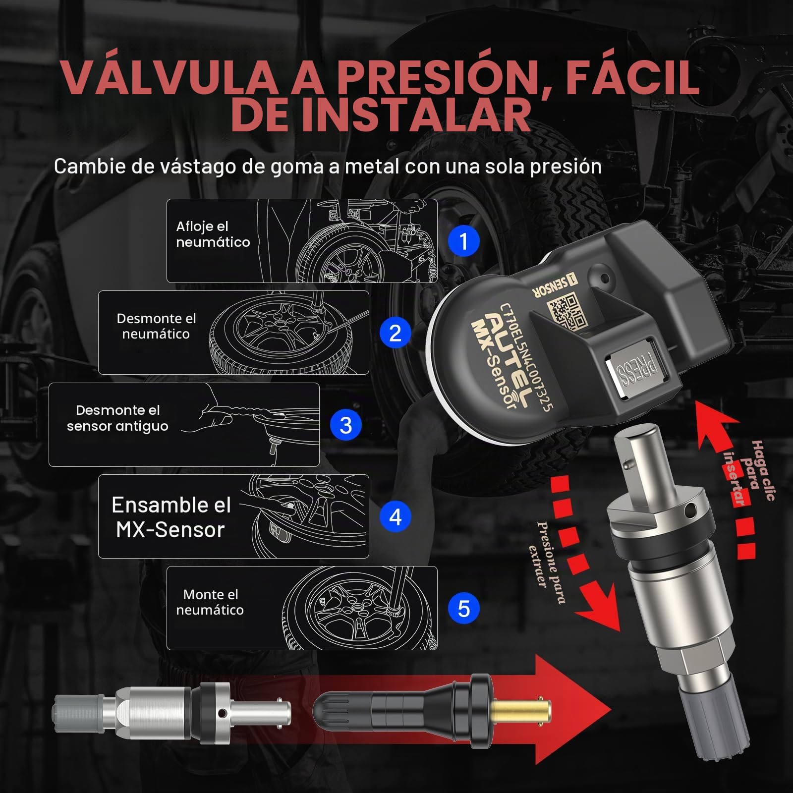 Autel MX-Sensor Doble Frecuencia, Sensores TPMS de Nivel OE para 98% Autos, Funciona con TS408S TS501Pro TS508WF TS601 TPMS Herramienta, Sensor de Neumáticos 100% Programable (Válvula de Metal, 4PCS)