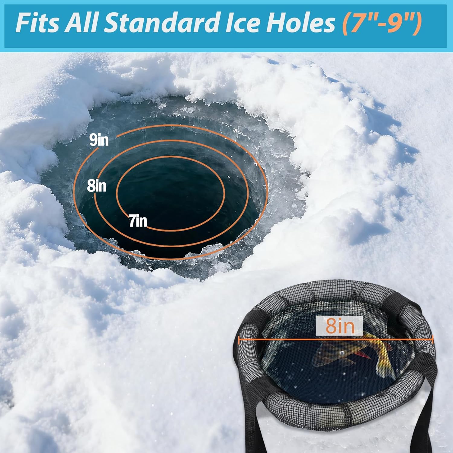 QualyQualy 2-Pack Ice Fishing Live Well, Floating Fish Basket for Live Fish Bait Bucket, Foldable Rubber Coated Fish Bag for Live Caught & Minnow Bucket| Fits All Ice Holes, Carabiner Included