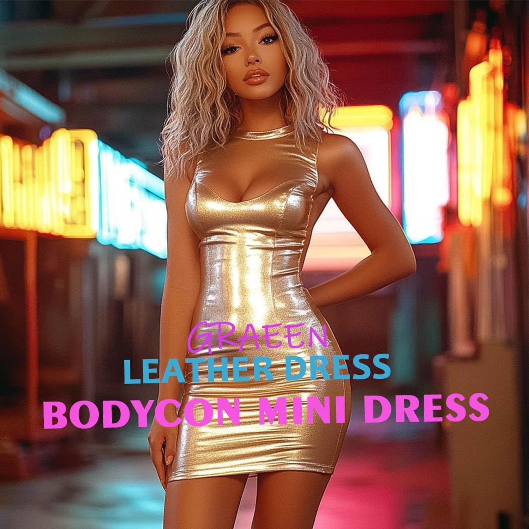 GRAEEN Sexy Latex Mini Dress Faux Leather Bodycon Dresses for Women - Image 3