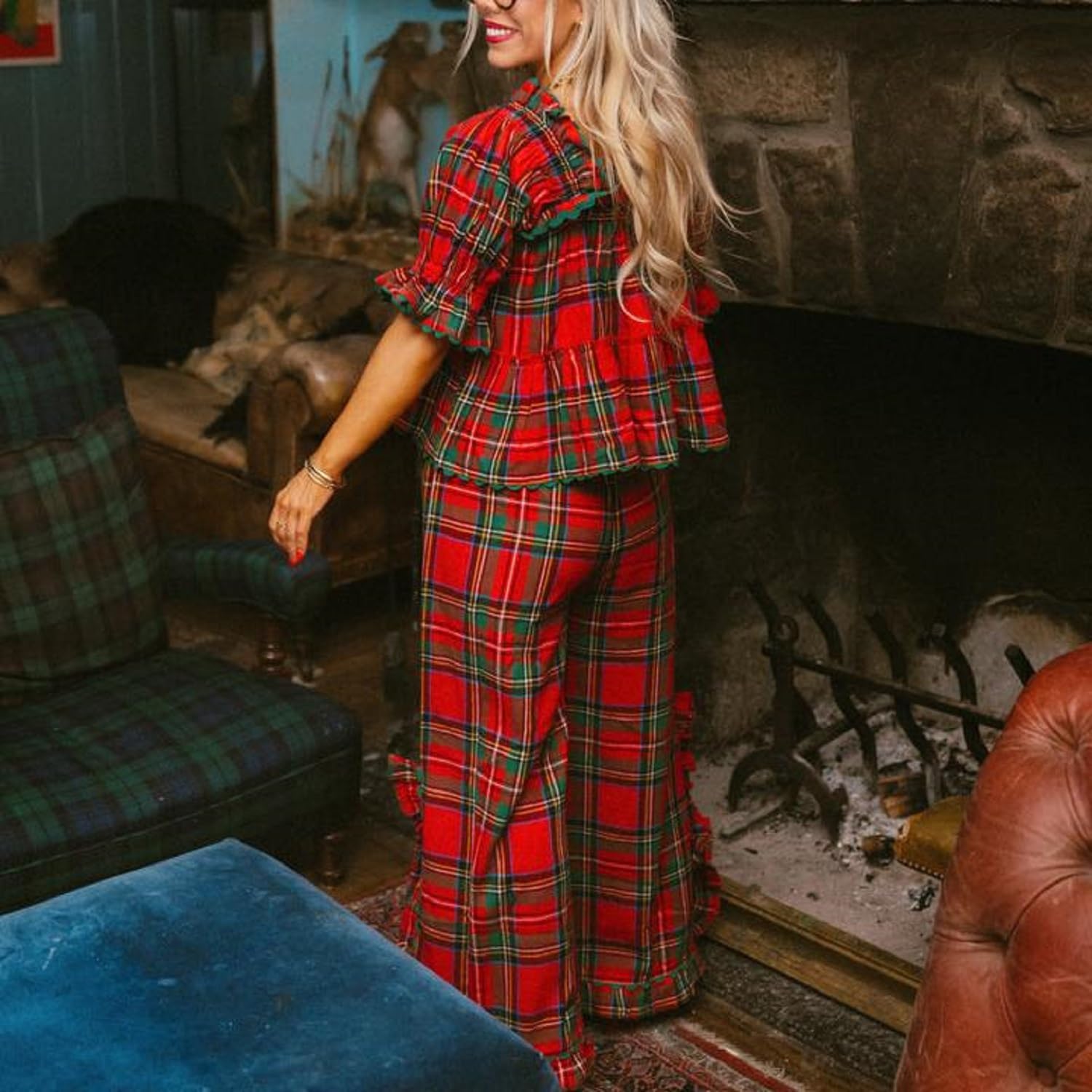 Women Christmas Gingham Pajamas Y2k Plaid Puff Sleeve Babydoll Tops Split Wide Leg Pants Xmas Ruffle Sleepwear - Image 3