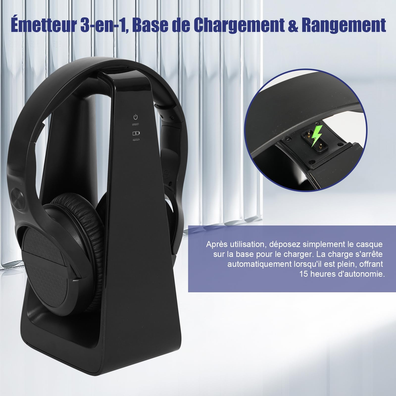 Casque TV Sans Fil pour Seniors avec Grands Boutons, Station Émetteur RF 2.4GHz, Compatible Sorties Optique/RCA/AUX, Casque Bluetooth Supra-Auriculaire avec 3 Modes EQ, Portée 30m Sans Délai Audio