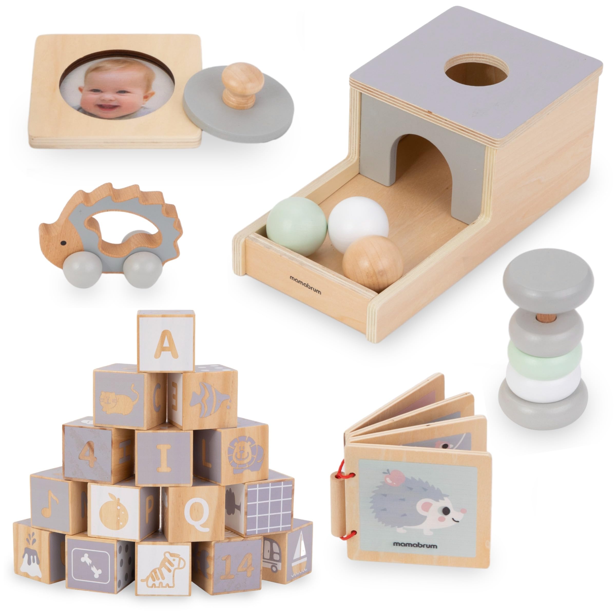 Mamabrum Montessori Educational Box for Kids - 6 Wooden Educational Games, Rattle, Blocks, Machine, Hedgehog and Wooden Book