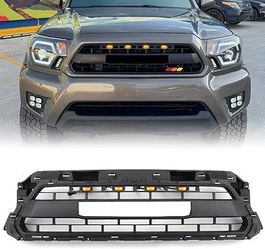 Front Grille Compatible with 2012 2013 2014 2015 Tacoma, Replacement Grill TRD Style ABS Front Bumper Grille with Led Lights and Letters, Matte Black