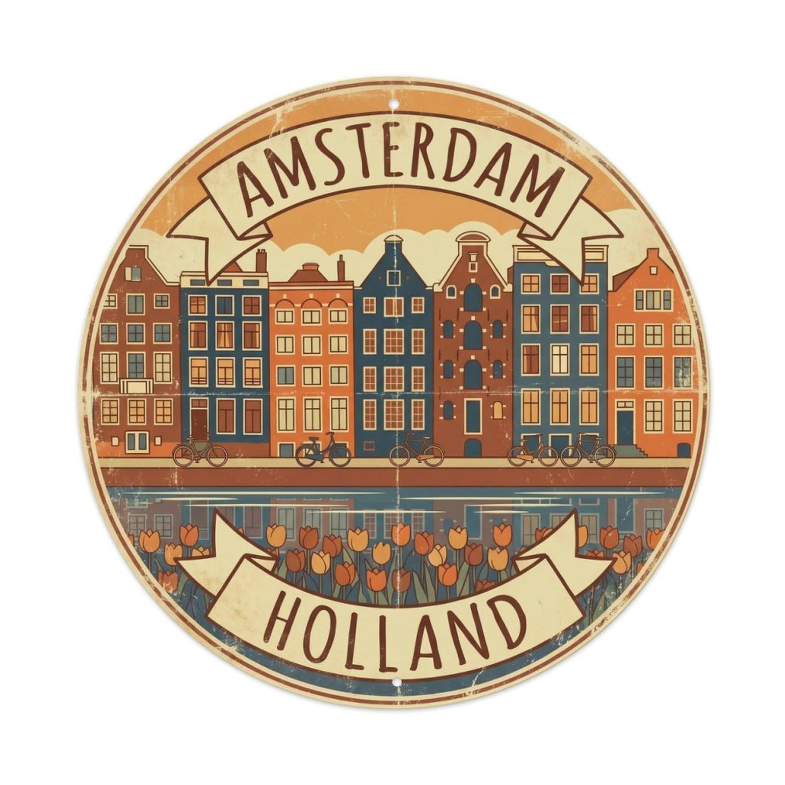 Vintage Travel Amsterdam Canal Houses 3 Metal Tin Sign Plaque