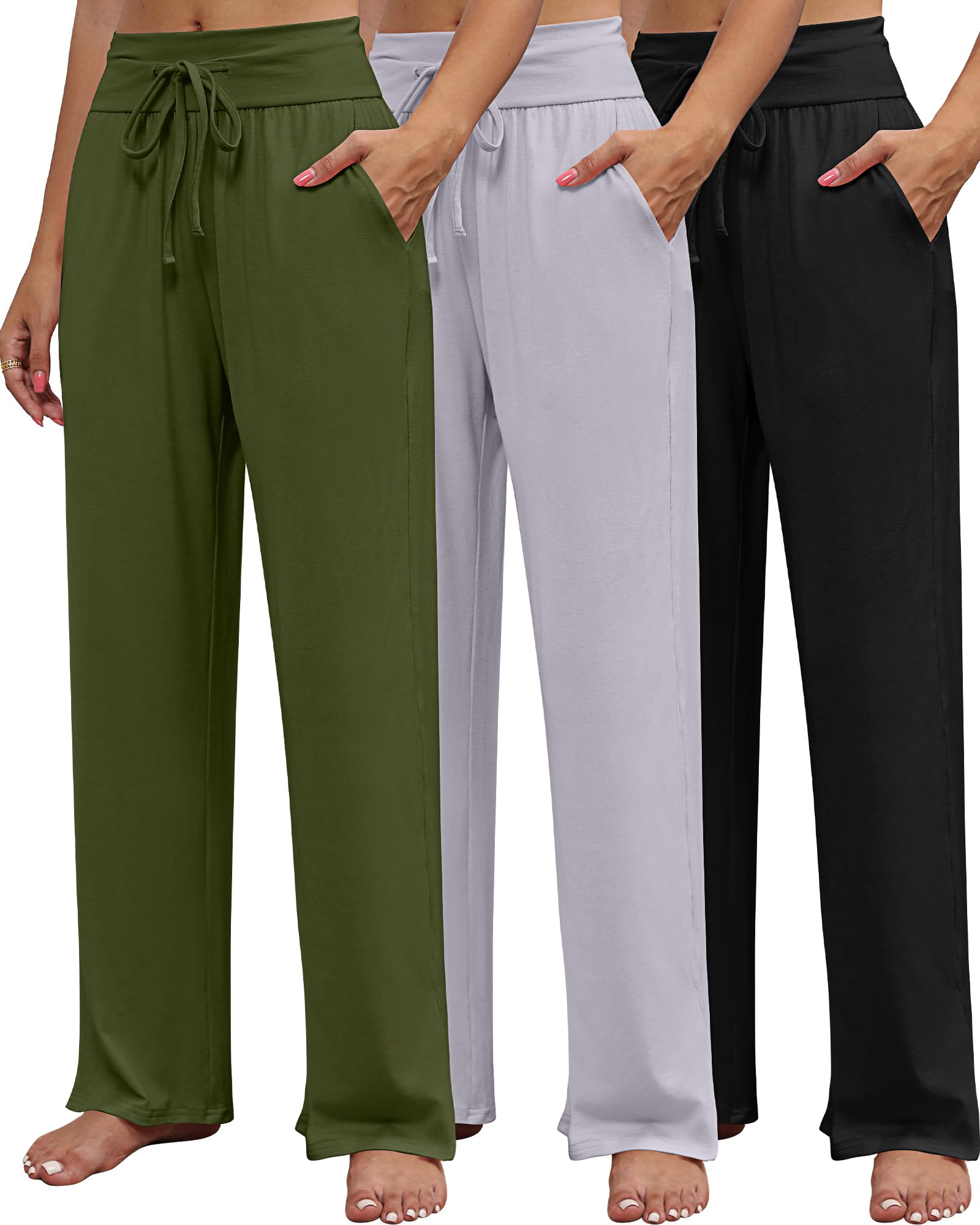 Neer3 Pcs Women's Wide Leg Yoga Pants High Waisted Drawstring Yoga Sweatpants Lounge Casual Joggers Pant with Pockets