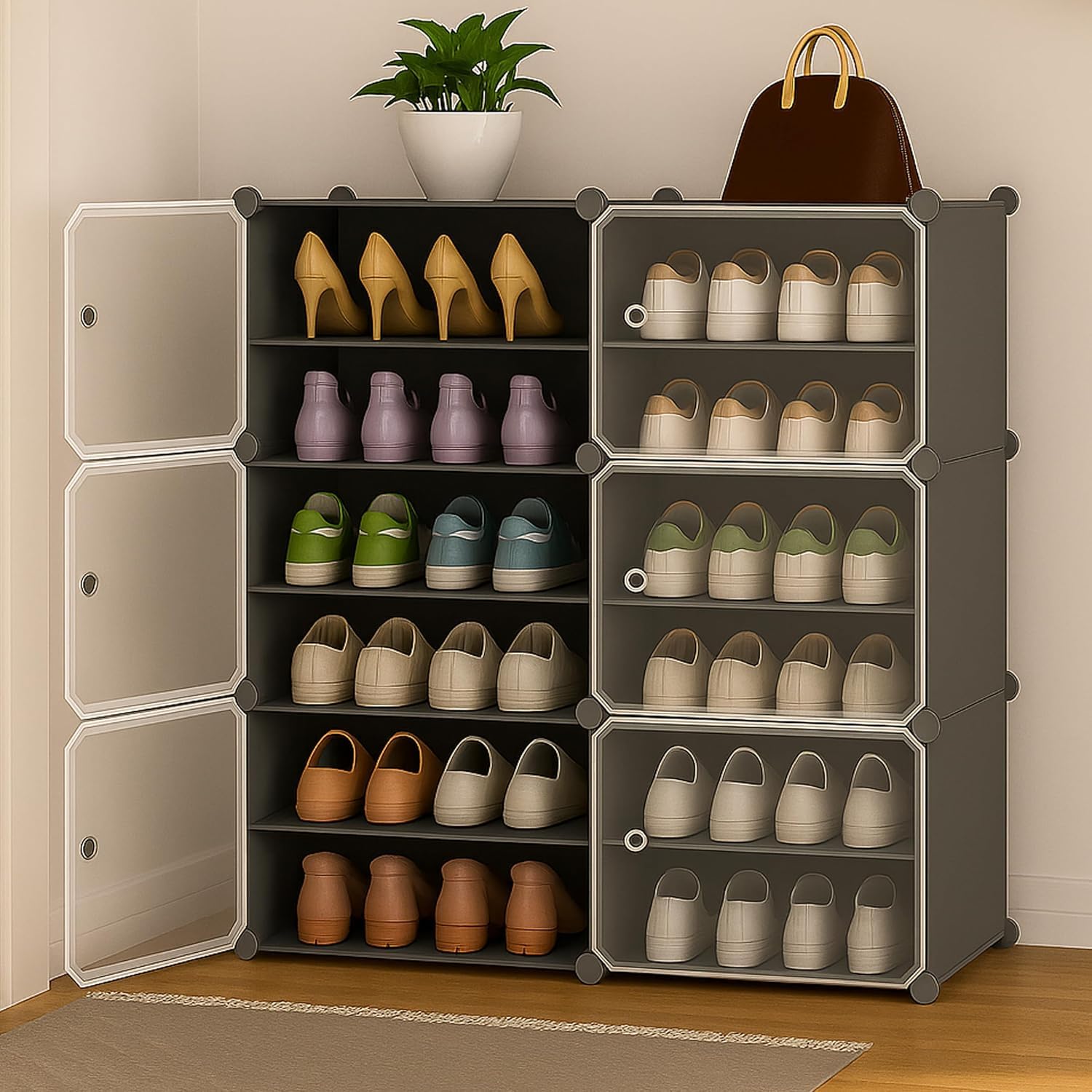 Premium Modular Plastic Shoe Rack for Home | 12 𝐒𝐇𝐄𝐋𝐅 Shoe Rack with 6 Doors, Hook Holder for Home Storage Organizer with Metal Door Frame to Cover Chappal Slipper Sandals Shoes - Grey-image-19