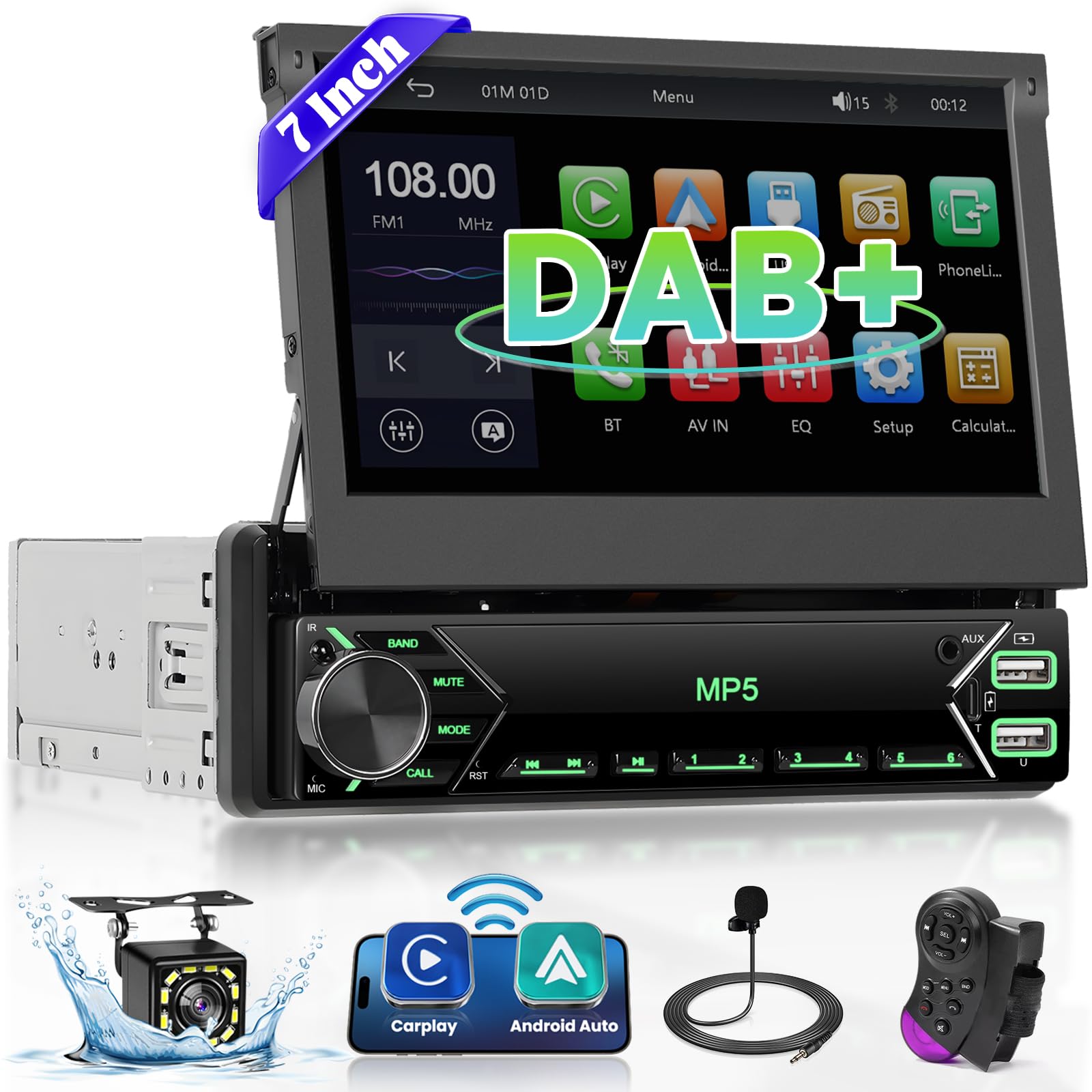 Dab+ Autoradio 1 DIN 7" Wireless CarPlay Android Auto BT