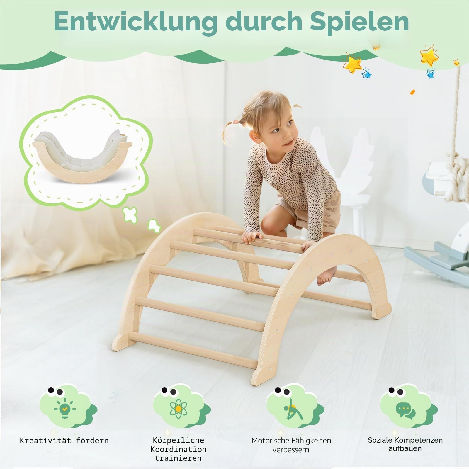 Montessori Kletterbogen mit Kissen, 3-in-1 Klettergerüst mit Bogen & Matte für Kleinkinder und Kinder