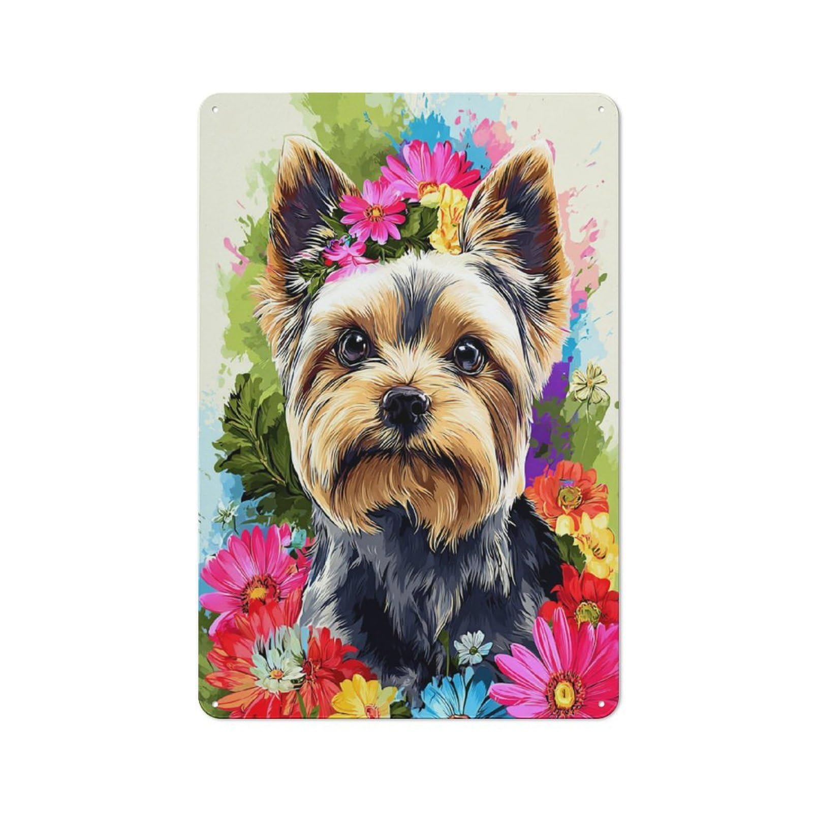 Junmoney Floral Yorkshire Terrier Portrait -1 Tin Sign With Design 30X20cm, Vintage Workshop Wall Decor For Tool Room, Garage, Studio Or Home Bar