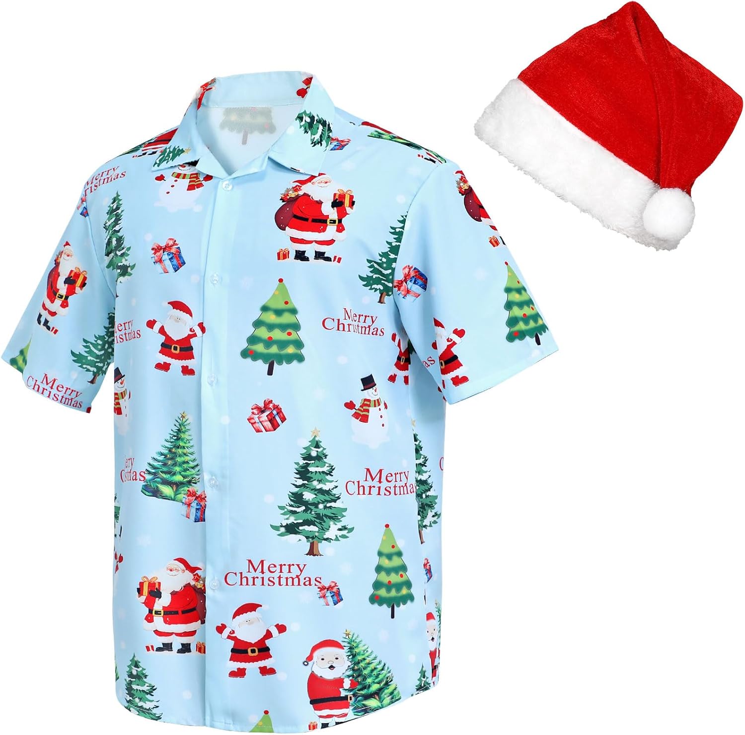 JASGOOD Hawaiian Christmas in July Shirt for Men Short Sleeve Button Down Santa Vacation Shirt Beach Camp Shirt Christmas Hat