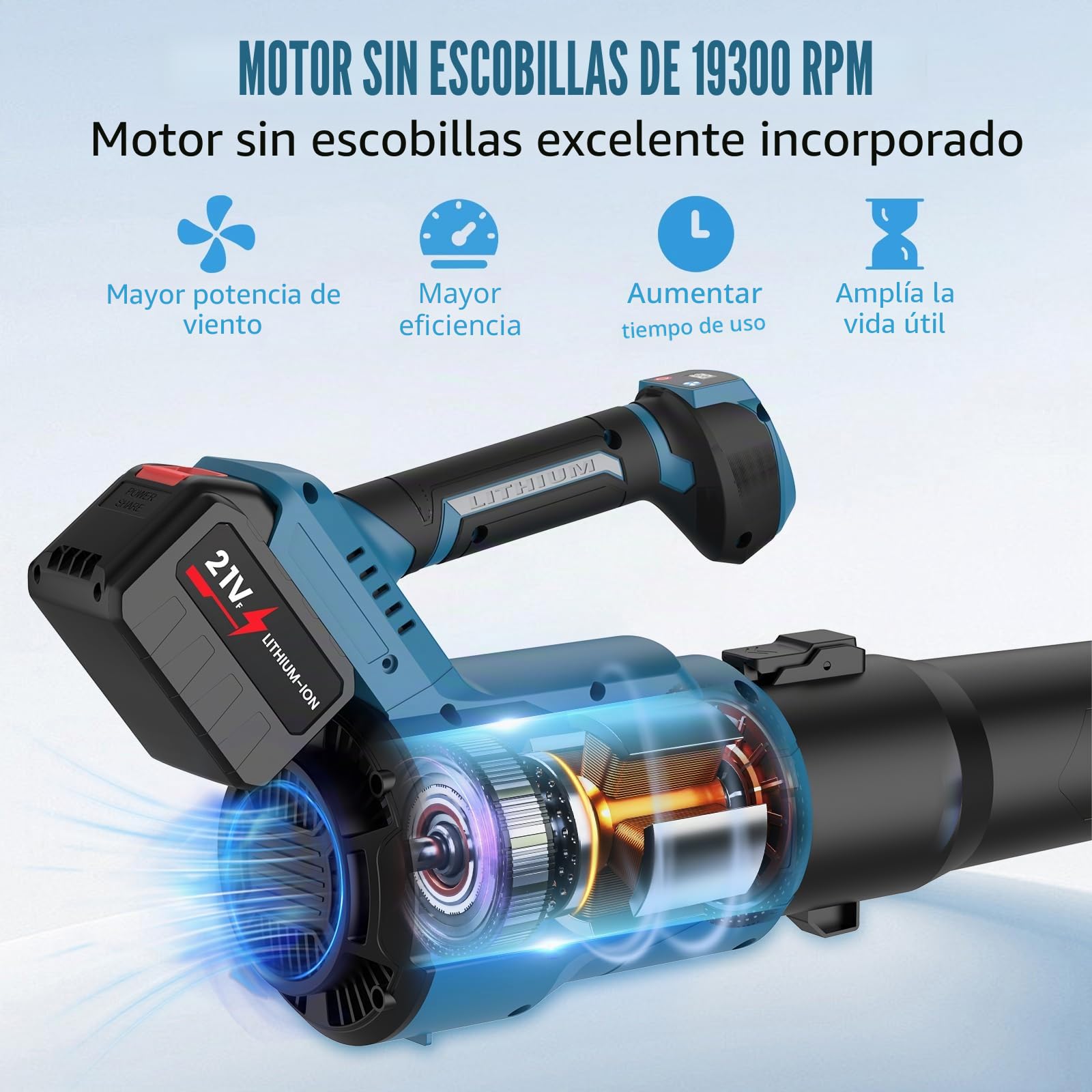 Soplador de Hojas 21V, Soplador de Hojas Batería 2×4.5Ah, 3 Velocidades, Velocidad Máxima del Viento 240KM/H, 19300 RPM Motor sin Escobillas, para Eliminar Nieve y Polvo