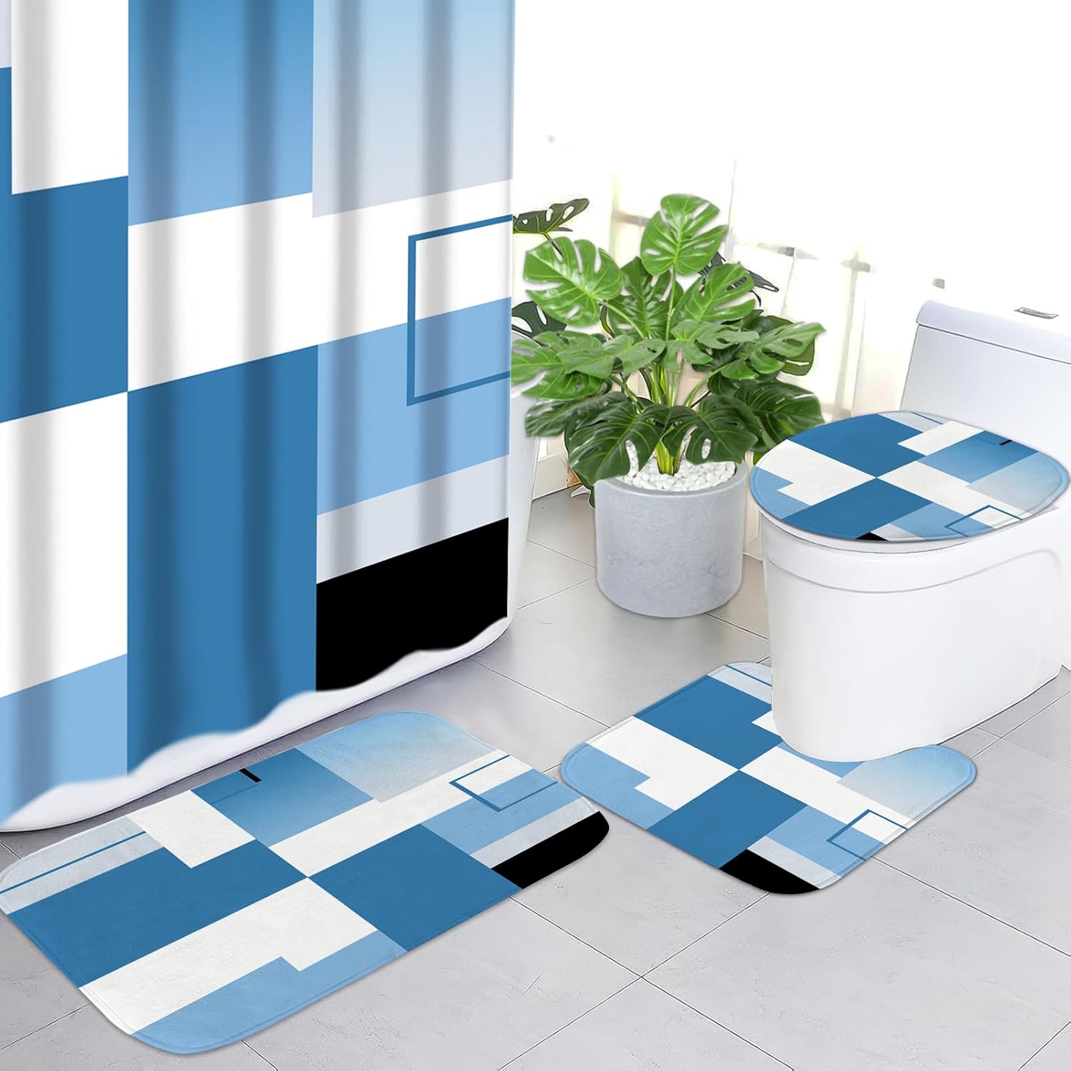 4 Pcs Blue Geometric Bathroom Shower Curtain Sets with with Toilet Lid Cover and Non-Slip Rugs, Blue Modern Bathroom Decor Sets with Shower Curtain and Rugs for Bathroom