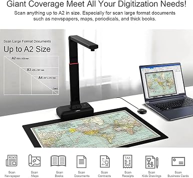 A3 Large Format Book Scanner,Document Scanner,18MP USB Document Camera with Auto-Flatten,OCR Text Recognition,Suitable for scanning large journals, hand-drawn manuscripts and maps