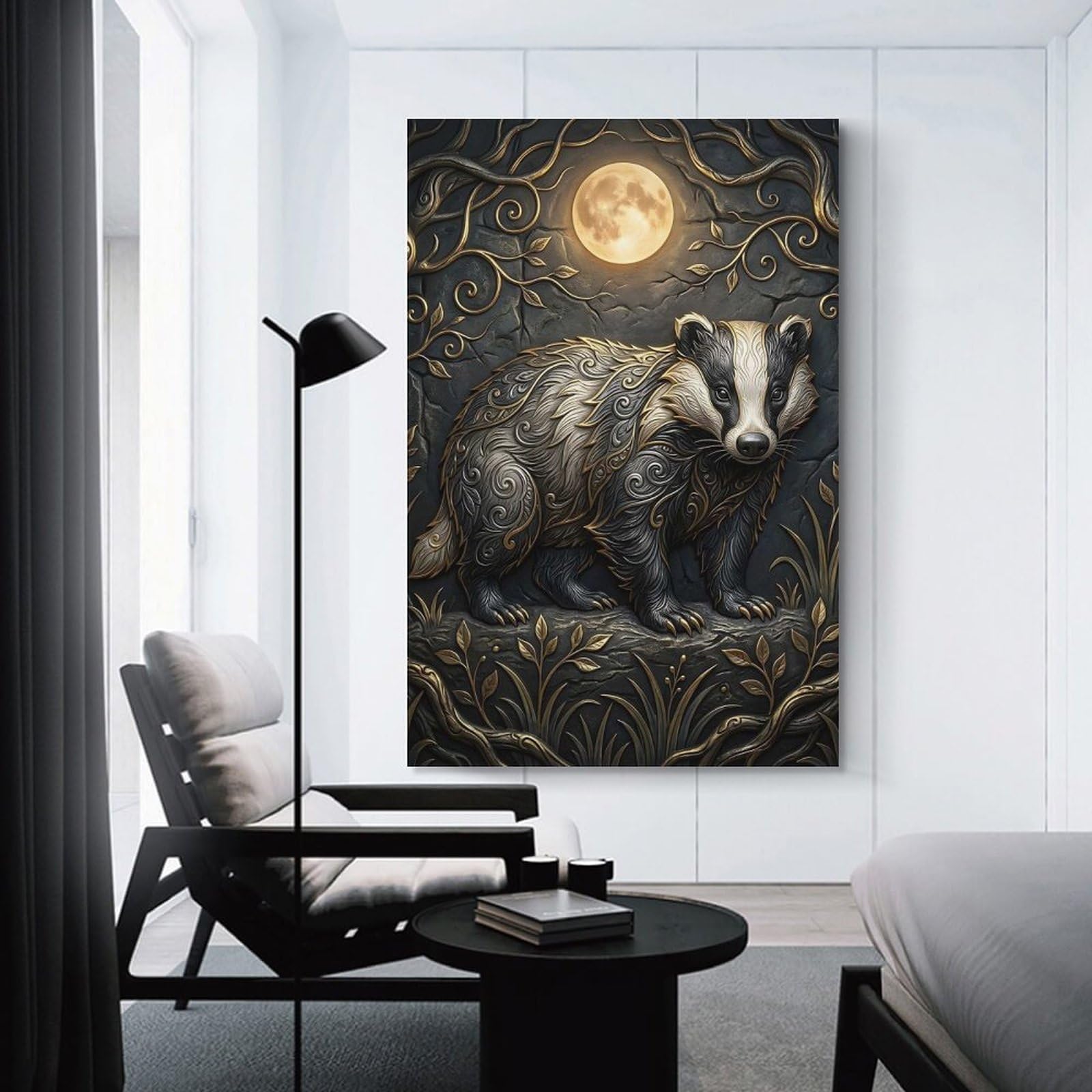 Junmoney Ornate Badger Under The Moon Home Decor Wall Art, 20x30inch(50x75cm), for Home, Office, Studio Or Guest Room, An Adaptable Decor Piece for Home Use