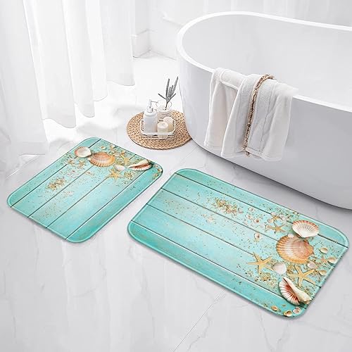 Miniatura 2 de Britimes Juego de 2 tapetes de baño con diseño de concha de playa, diseño de madera azul bohemio, cubierta lavable, tapetes para decoración de baño,