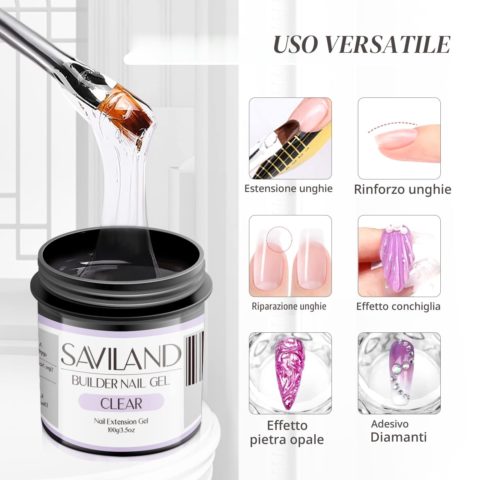 SAVILAND Kit Gel Costruttore per Unghie 3 pezzi 100 g Trasparente Rosa Chiaro e Bianco Gel Ricostruzione Unghie con pennello Grande Capacità Gel per Unghie Soak-off U V per Estensione