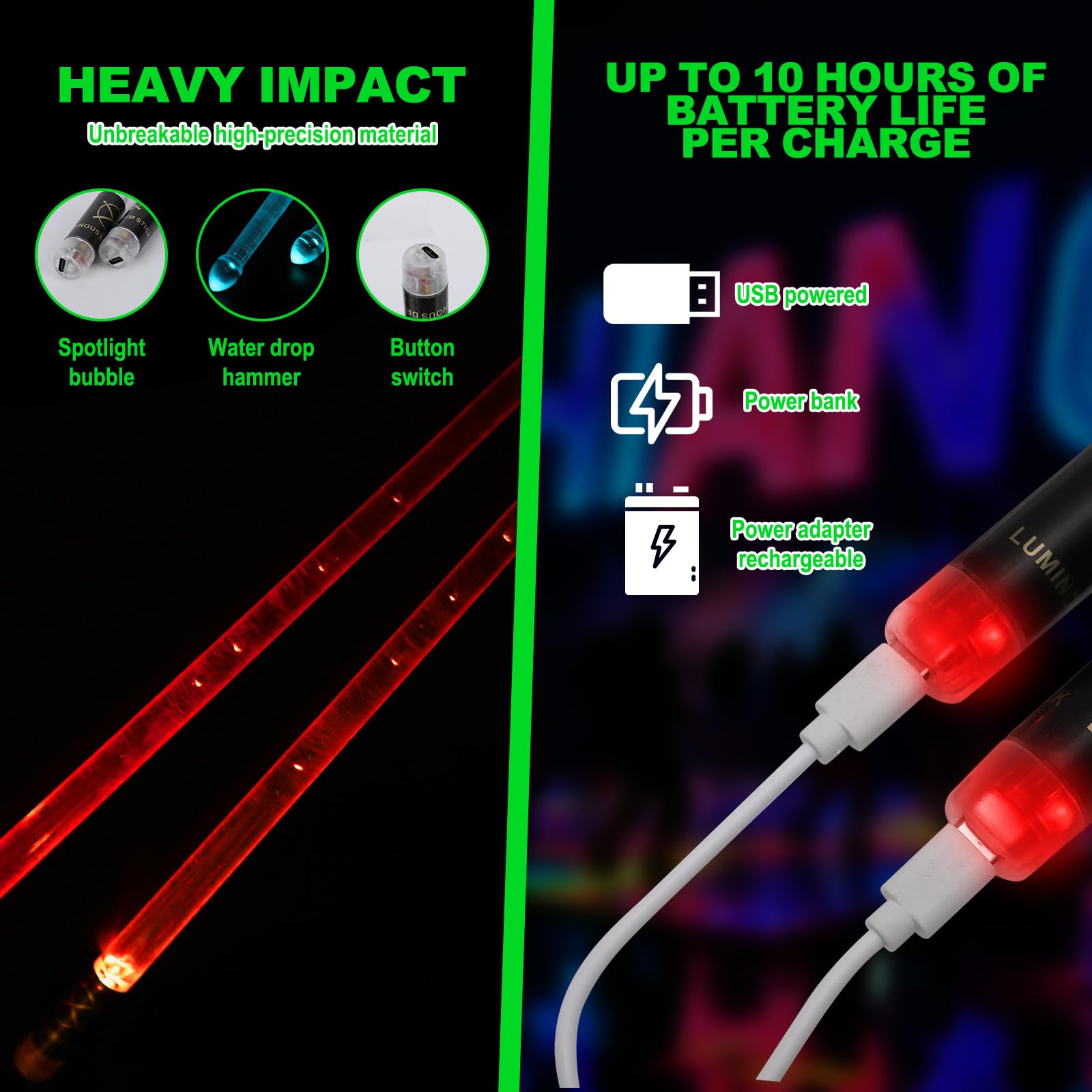 Bacchette per Batteria Ricaricabili con 15 Colori Cangianti, Bacchette Luminose con Ricarica USB Bambini e Adulti Accessori Batteria Professionali e Regali per Batteristi