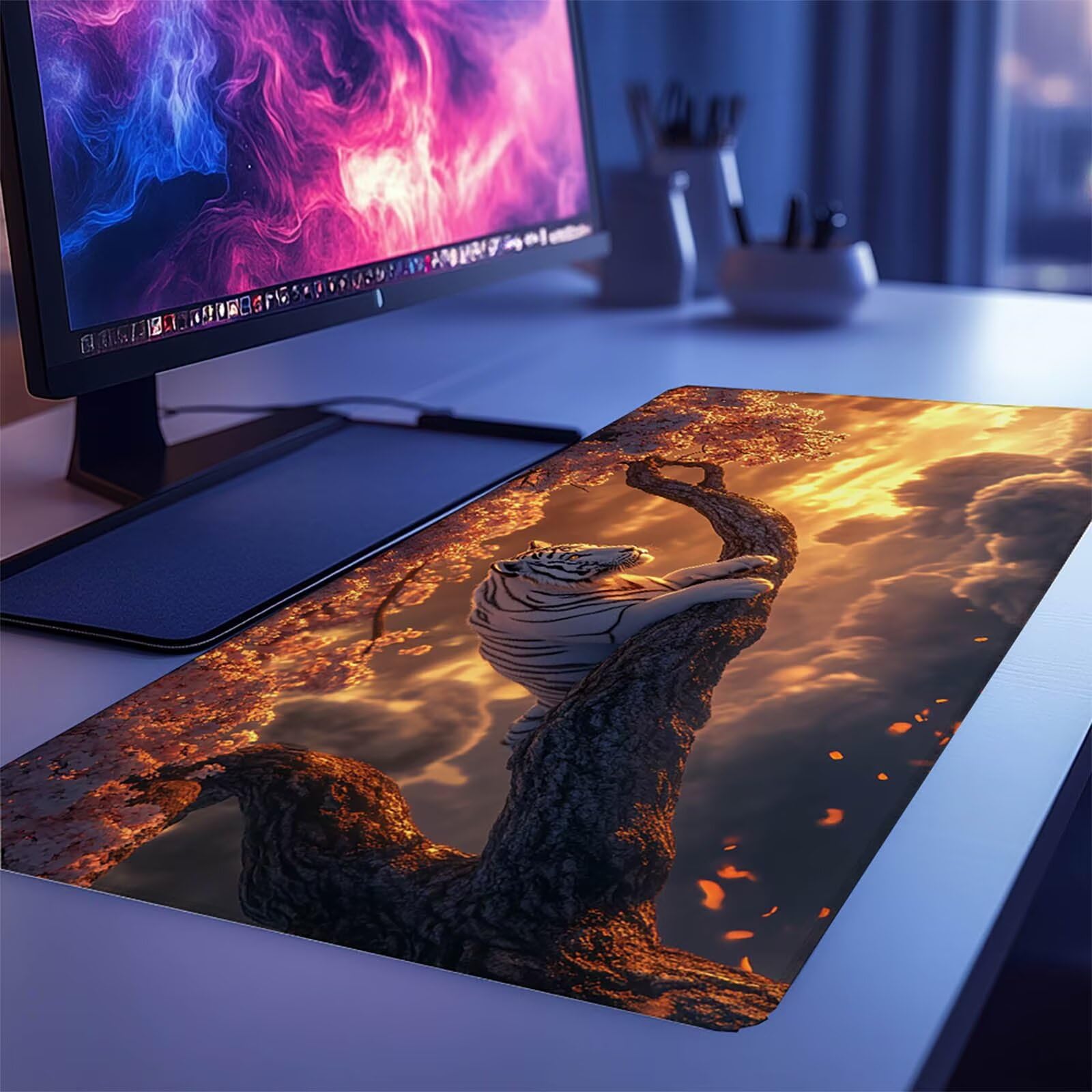 Podkładka pod mysz Drzewo, Tygrys Gaming Pad, Wodoodporna Mata Na Biurko 1400 x 600 x 3 mm Kompatybilna z bezprzewodową Myszą I Klawiaturą Bezprzewodowa Podkładka Pod Mysz Do Laptopa Prezent Dla