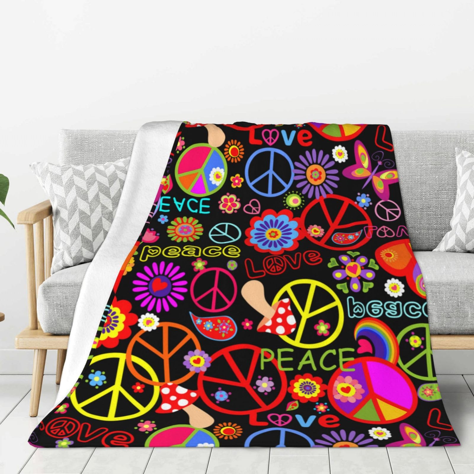 Funny Hippie Peace Love Blanket, Soft Blankets Flannel Bed Throw Cozy Lightweight Plush Gifts For Women Men Boys Girls Sofa Couch Bedroom Living Rooms