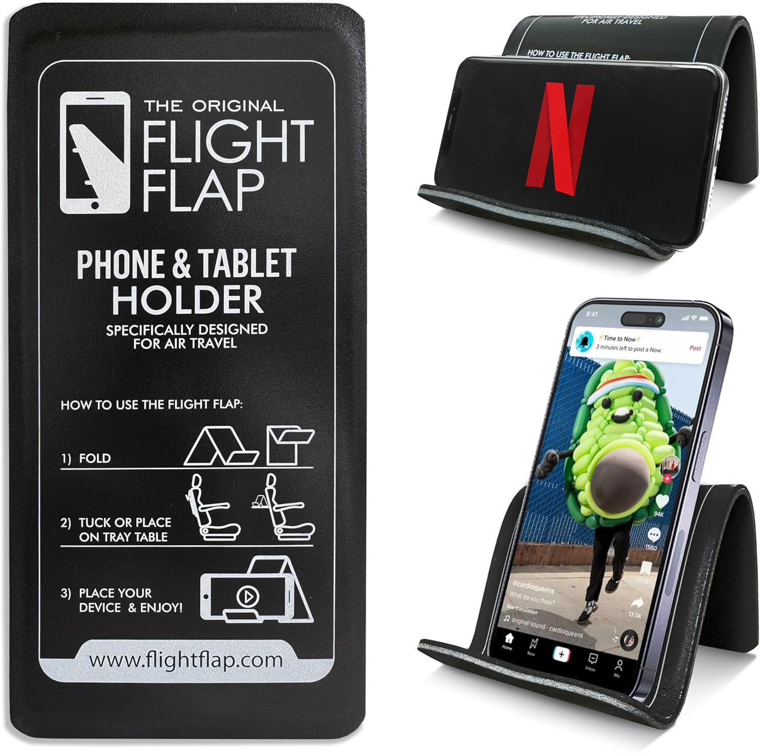 Flight Flap Airplane Phone Holder Foldable Phone Stand (Black) - Flexible Tablet and iPhone Holder for Bed, Desk, Office, Treadmill - Cell Phone Stand, Phone Accessories, Airplane Travel Essentials