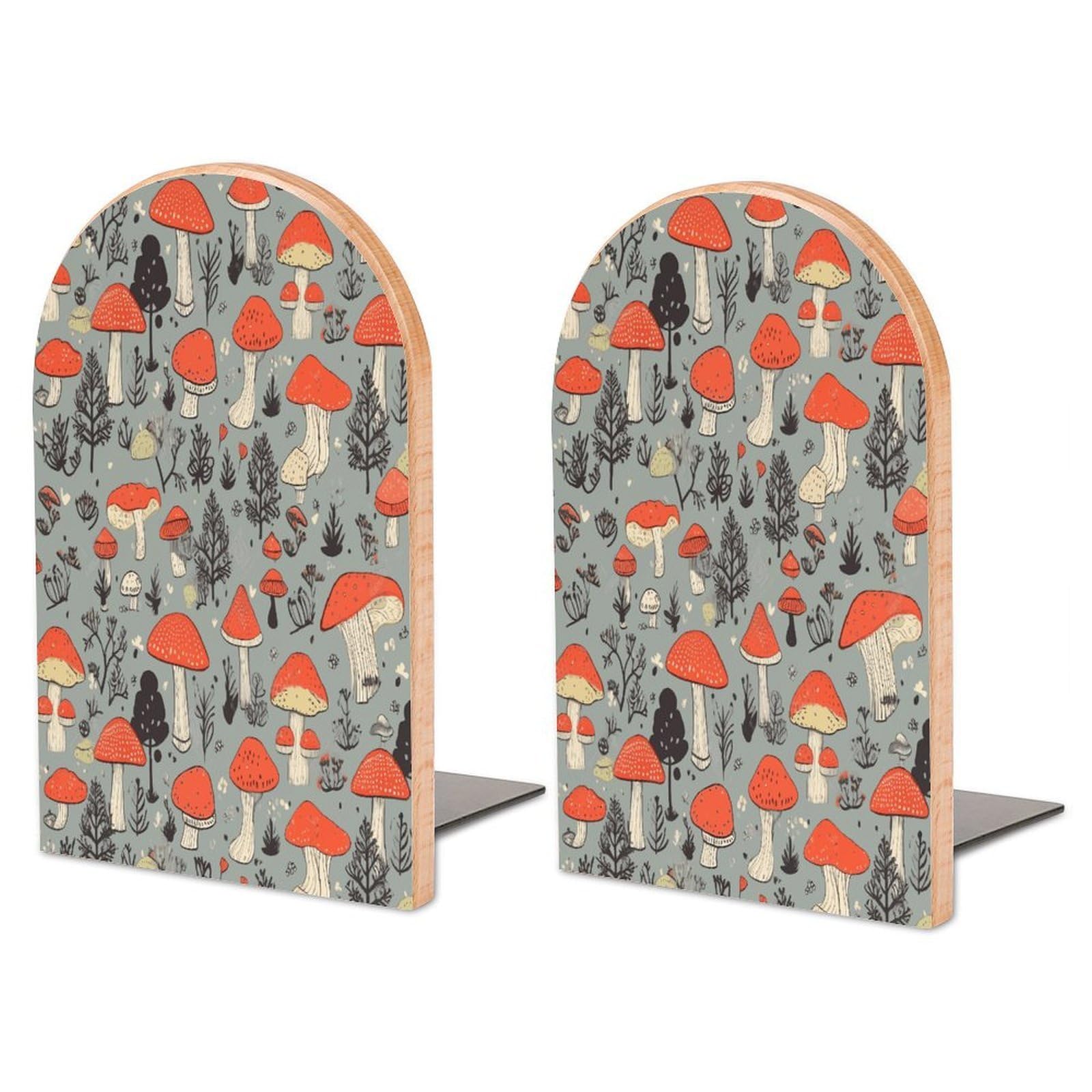 Large Mushroom Book End with Metal Base Fashion Heavy Duty Bookend Exquisite Wooden Bookends Non-Skid Book Stopper for Shelves Books Organizer for Office Home 1 Pair