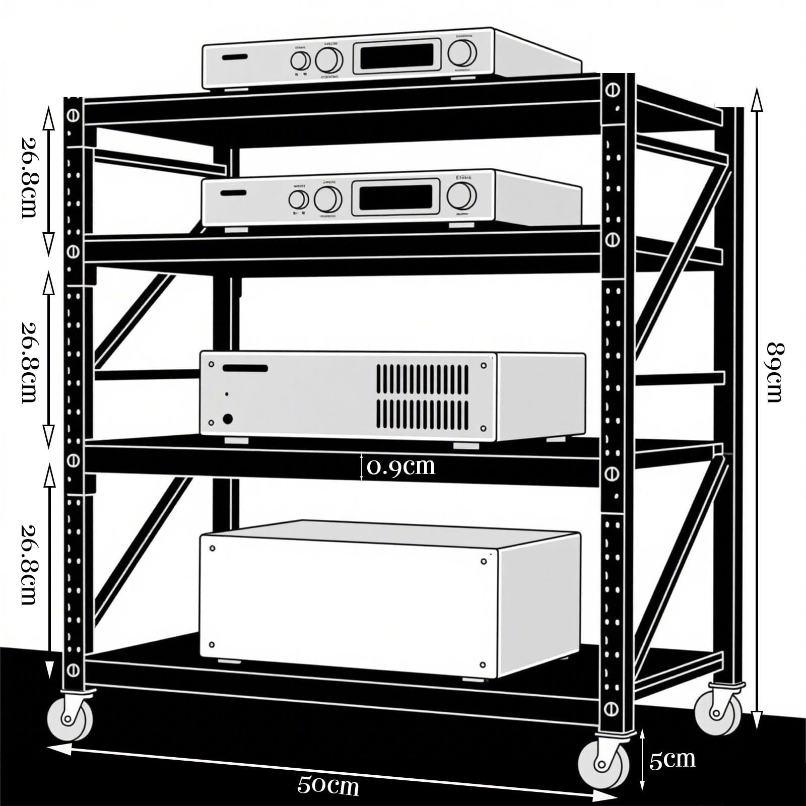 Mobilna półka HiFi z kółkami – stojak na audio-wideo do systemów stereo, multimedialna szafka do przechowywania, stojak 2-5-poziomowy do salonu, sypialni, akademika, wielofunkcyjny stojak