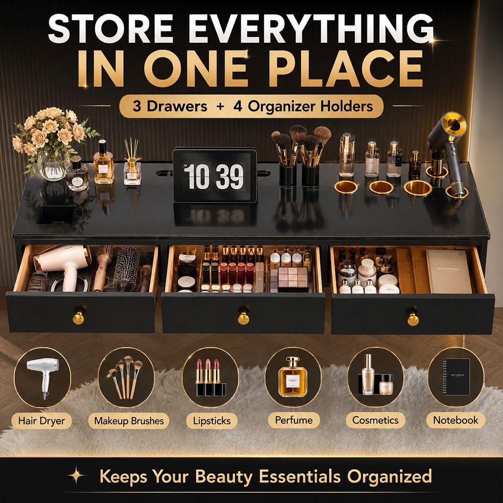 47 Wall-Mounted Floating Vanity Table Floating Shelf with Drawers & Storage Holes Multi-Purpose Makeup Station Hairdressing Desk or Study Table with Glass TopBlack product thumbnail 5