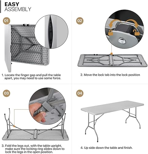 Miniatura 8 de MoNiBloom Mesa plegable de 6 pies, mesas de comedor portátiles de plástico plegables por la mitad, escritorio para interiores y exteriores, para