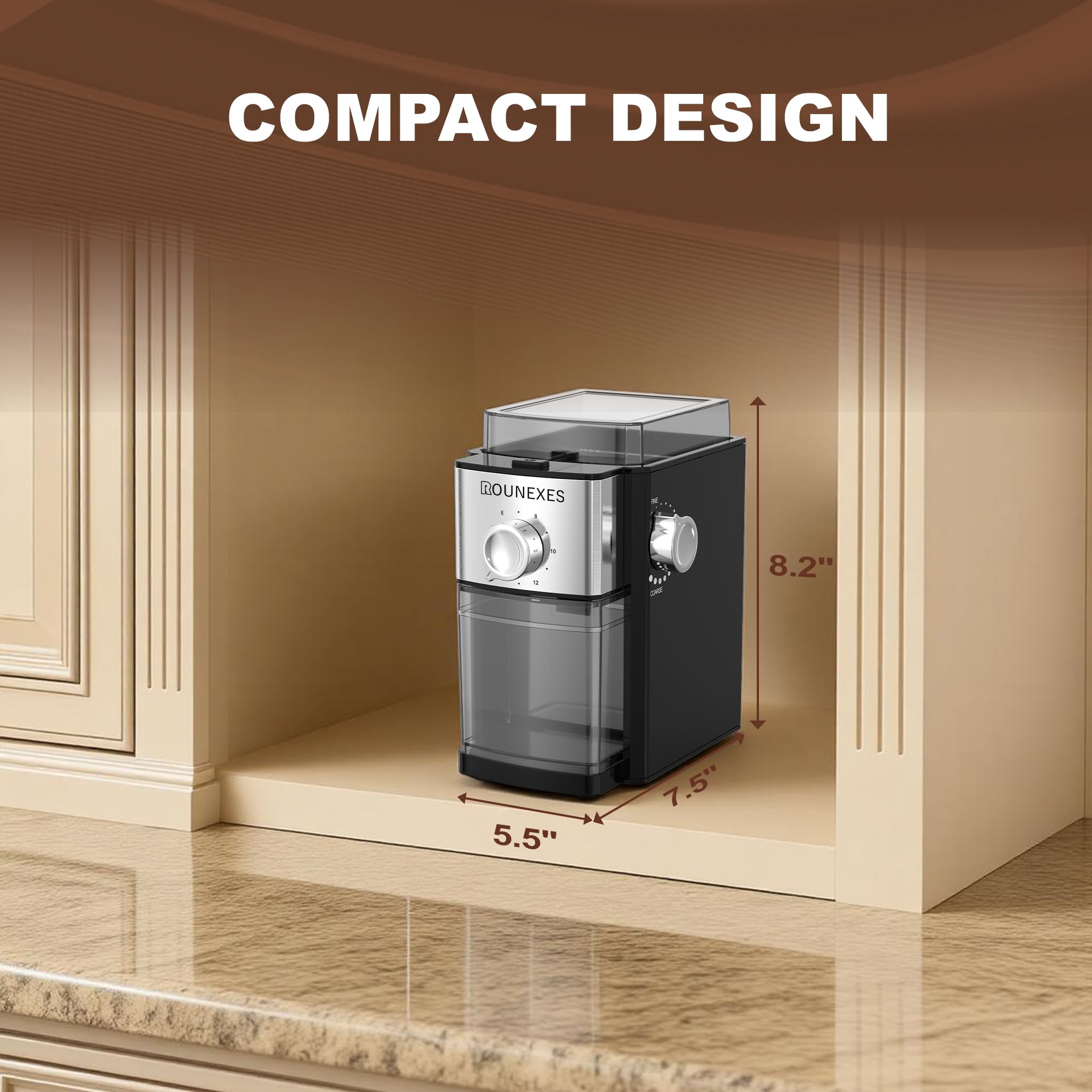 ROUNEXES Electric Flat Burr Coffee Grinder, Compact Coffee Grinder for Home Use, Burr Mill Grinder with 17 Precise Grind Settings, 7oz Large Hopper, Removable Burr & Coffee Container — view 7