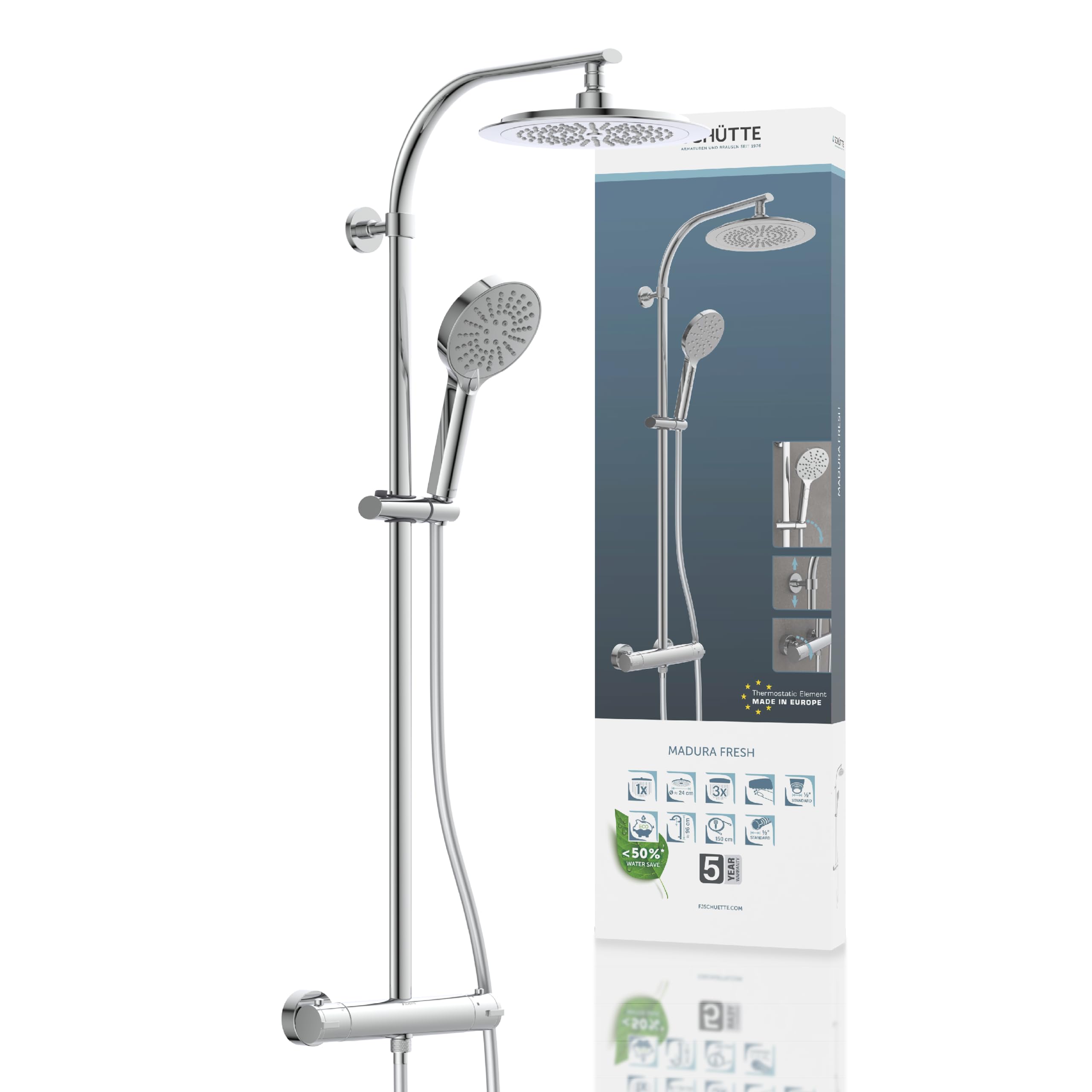 Système de douche thermostatique en acier inoxydable chromé Schütte