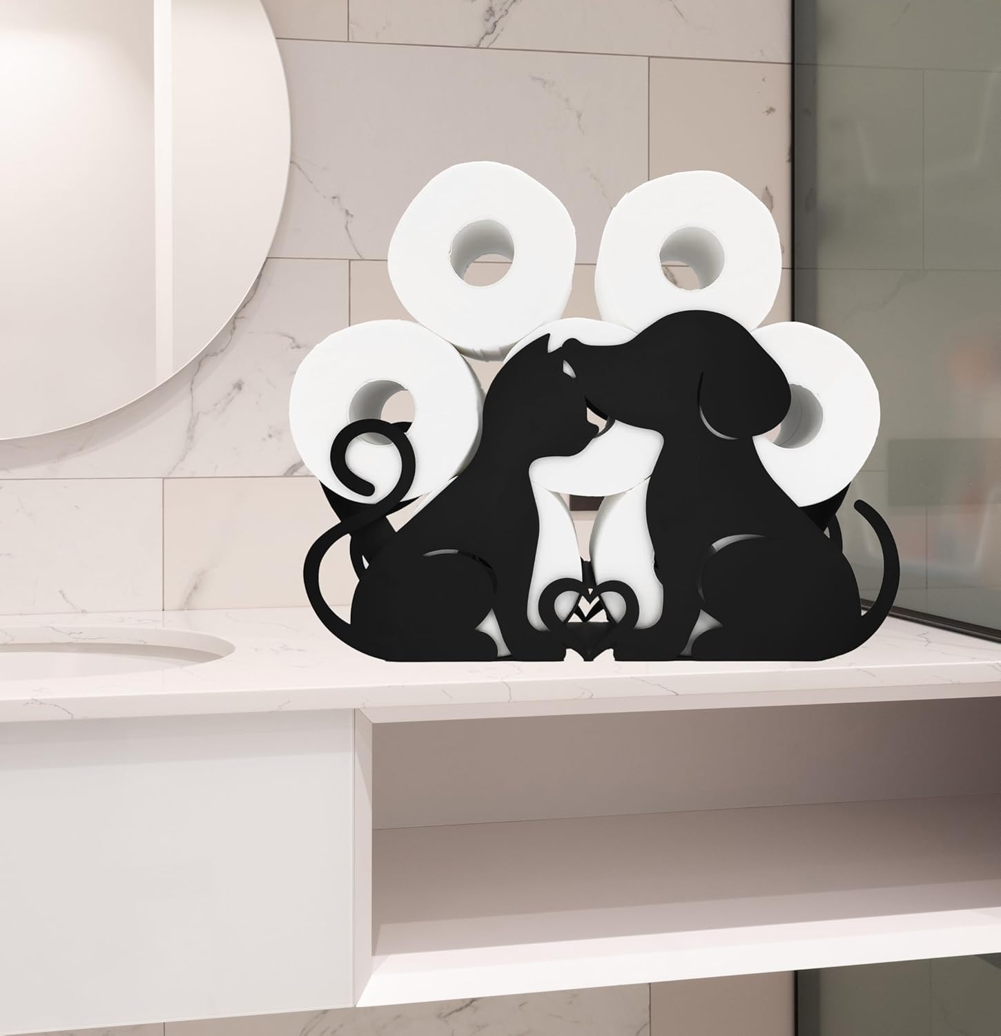 Lover Dog Black Metal Paper Holder, Decorative FreeStanding Toilet Paper Organizer for Bathrooms, Holds Extra 8 Rolls
