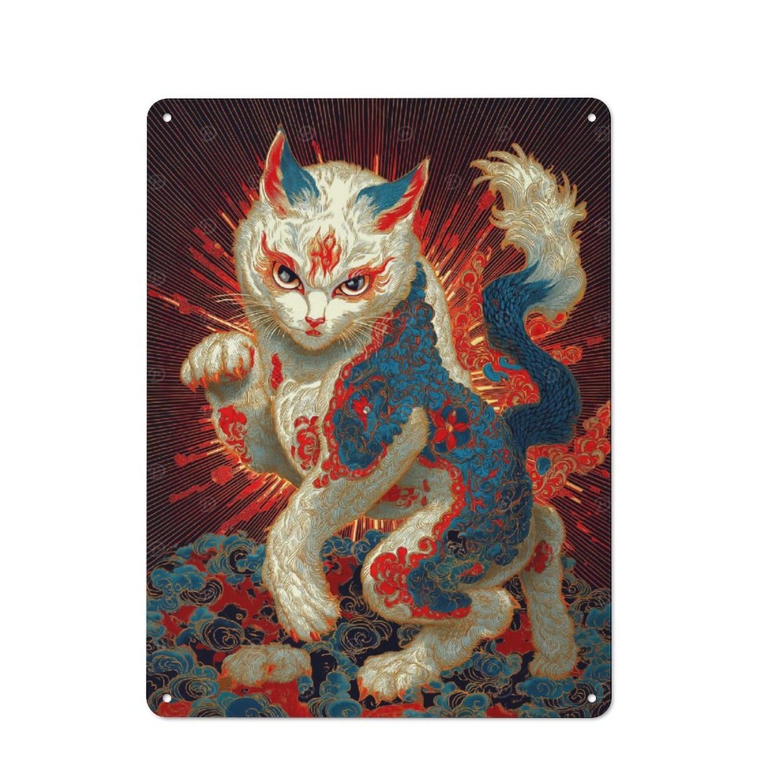 Junmoney Style-16 Ornate Cat Illustration With Asian Motifs Everyday Metal Wall Decor 40X30cm, Decorative Tin Plaque For Flat, Dorm Room, Lounge Or Cafe