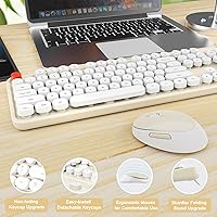 Vista 6 de Combo de teclado y mouse inalámbricos, teclado ergonómico de tamaño completo con diseño retro tipo máquina de escribir, con teclas redondas, Blanco