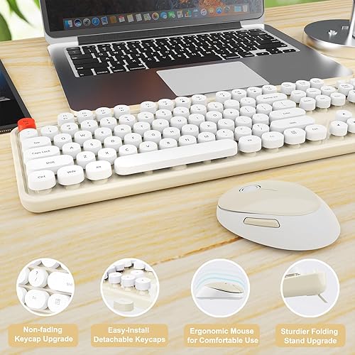 Miniatura 6 de Combo de teclado y mouse inalámbricos, teclado ergonómico de tamaño completo con diseño retro tipo máquina de escribir, con teclas redondas,