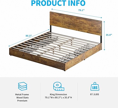Miniatura 2 de Mjkone Marco de cama tamaño King con almacenamiento, marco de cama de madera con cabecero, marco de cama de plataforma vintage con 4 cajones, no