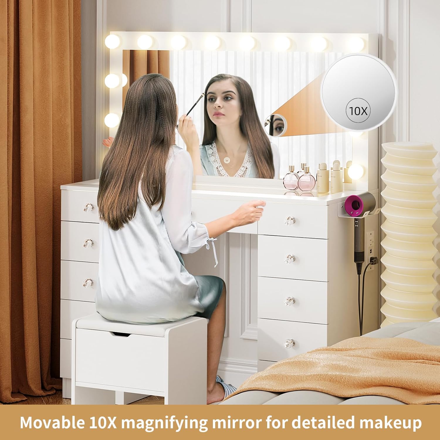 VOWNER Vanity with Lighted Mirror - Makeup Vanity Desk with Glass Top and 11 Drawers, 3 Color Lighting Modes Adjustable Brightness, 46" Vanity Table with Soft Cushioned Stool for Bedroom, White