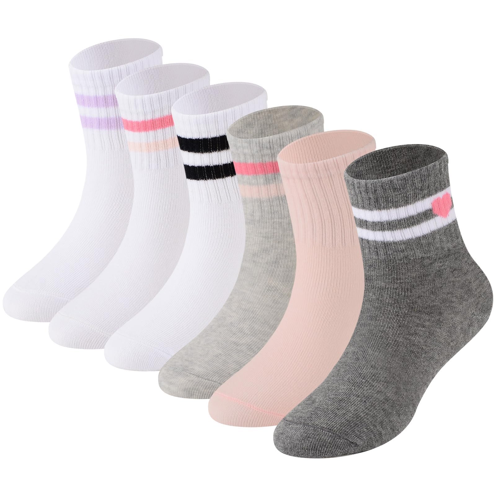 Lot de 6 paires de chaussettes de sport en coton pour enfants avec rayures mignonnes cœurs, chaussettes extensibles pour filles et garçons de 3 à 12 ans