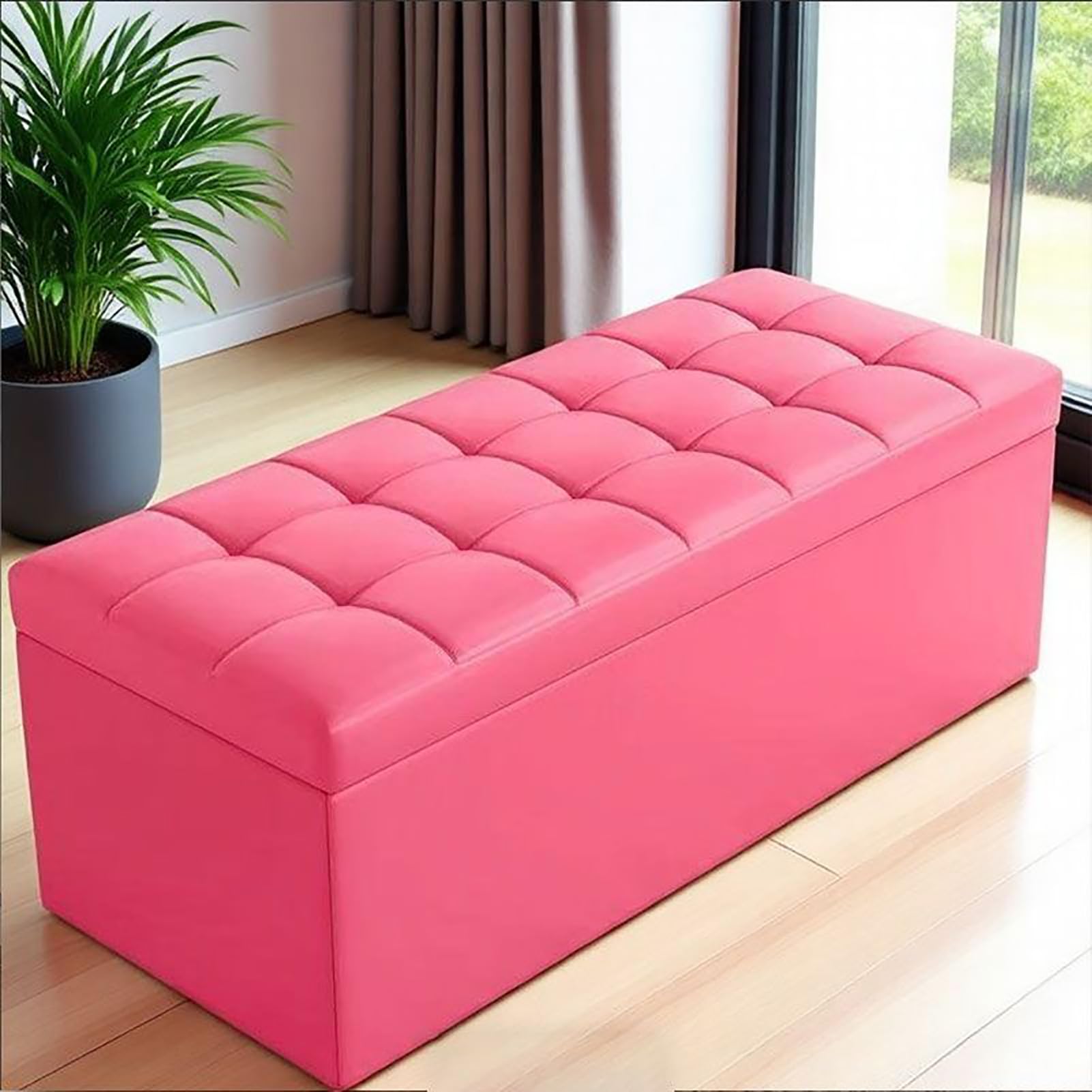 KLGFBDC Pink Faux Leather Storage Ottoman Bench Tufted Upholstered Footrest for Bedroom Living Room & Entryway Shoe Storage Stool Supports 660 Lbs (39x16x16 in)